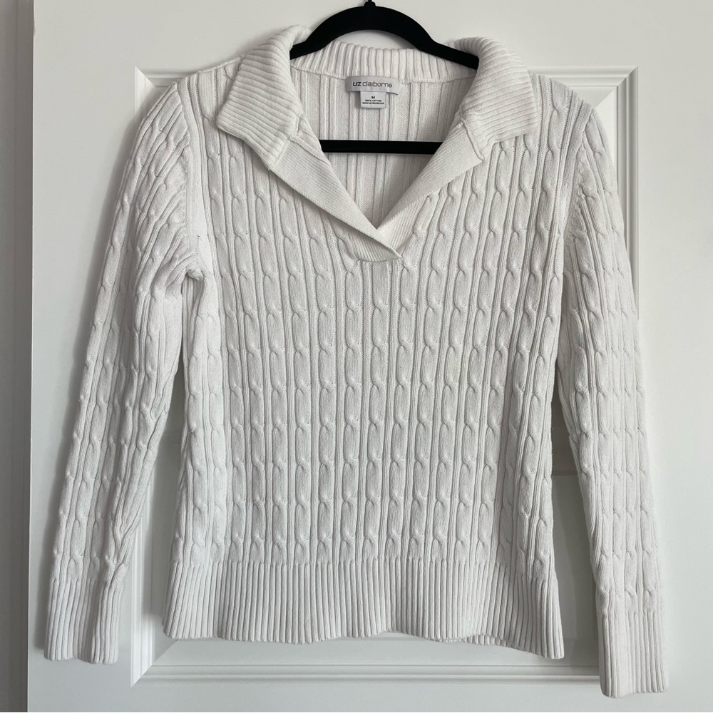 Vintage Liz Claiborne 90s White Cotton Cable Knit V Neck Sweater Size Medium